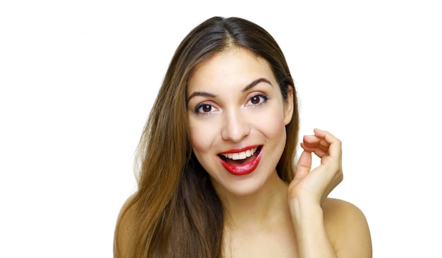 Closeup of happy beautiful smiling woman looking at camera