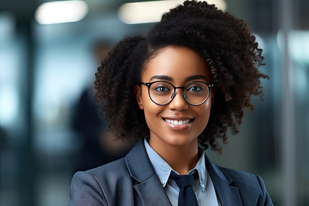 Closeup of happy businesswoman looking at camera and smiling in office African American female entrepreneur in office business womanGenerated with AI