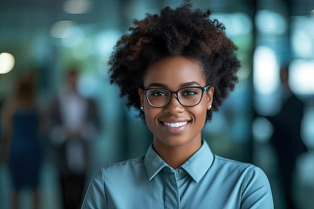 Closeup of happy businesswoman looking at camera and smiling in office African American female entrepreneur in office business womanGenerated with AI