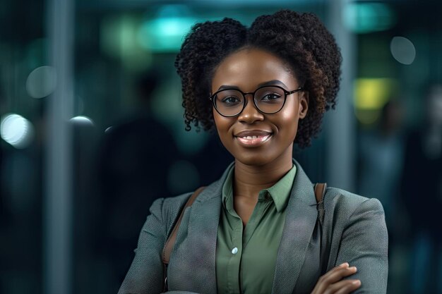 Closeup of happy businesswoman looking at camera and smiling in office African American female entrepreneur in office business womanGenerated with AI