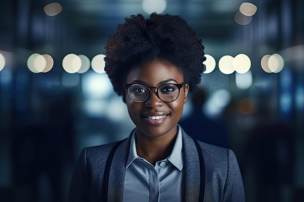 カメラを見てオフィスで微笑む幸せな実業家のクローズアップオフィスビジネスウーマンのアフリカ系アメリカ人の女性起業家AIで生成