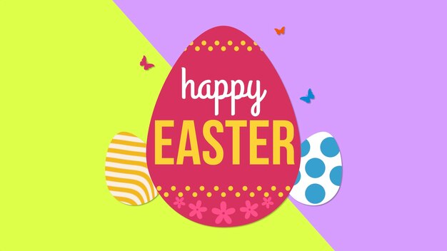 Closeup Happy Easter text and eggs on yellow and purple background. Luxury and elegant dynamic style template for holiday