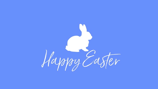 Photo closeup happy easter text and rabbit on blue background. luxury and elegant dynamic style template for holiday