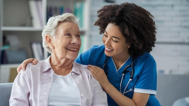 Closeup of happy female nurse with her patient