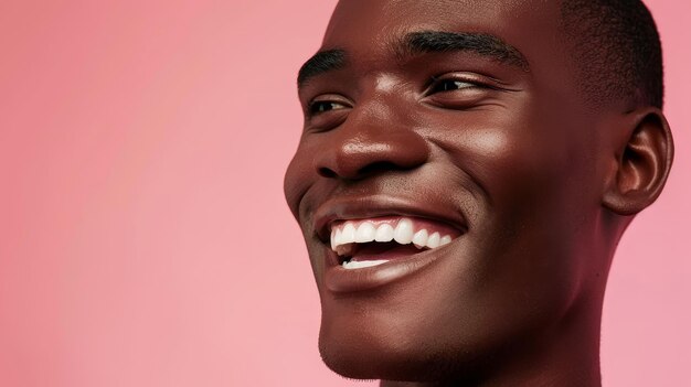 closeup of happy smiling black african man with short hair on pink background with side lighting