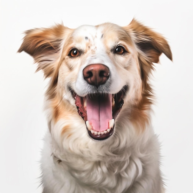 Photo closeup of a happy white dog isolated on white background