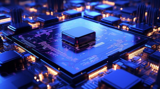 Closeup hardware background of motherboard Circuit cpu microchip digital processor Concept of technology Ai generative illustration