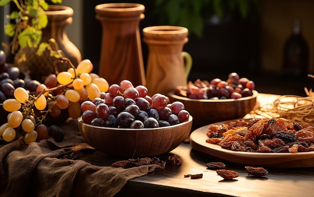 Closeup harvest side view of grapes and brown bowls of dried fruit