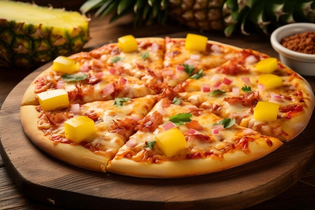 Closeup of a Hawaiian pizza with slices of grilled chicken