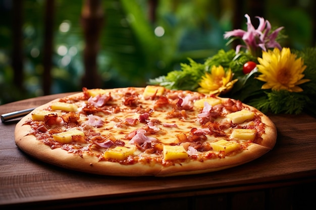 Closeup of a Hawaiian pizza with slices of grilled chicken