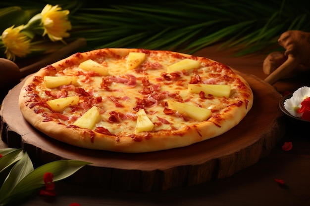 Closeup of a Hawaiian pizza with slices of grilled chicken