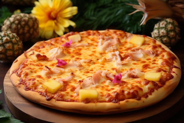 Photo closeup of a hawaiian pizza with slices of grilled chicken