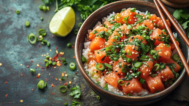 Closeup hawaiian salmon fish poke bowl with rice radish cucumber edamame