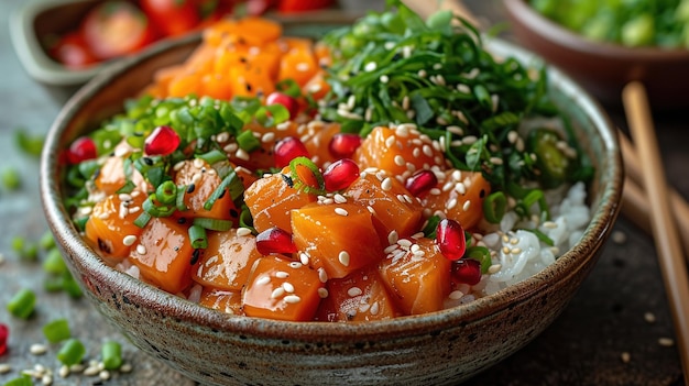 Closeup hawaiian salmon fish poke bowl with rice radish cucumber edamame