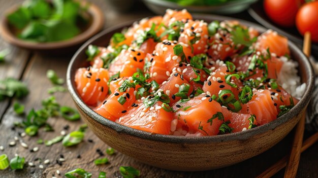 Closeup hawaiian salmon fish poke bowl with rice radish cucumber edamame