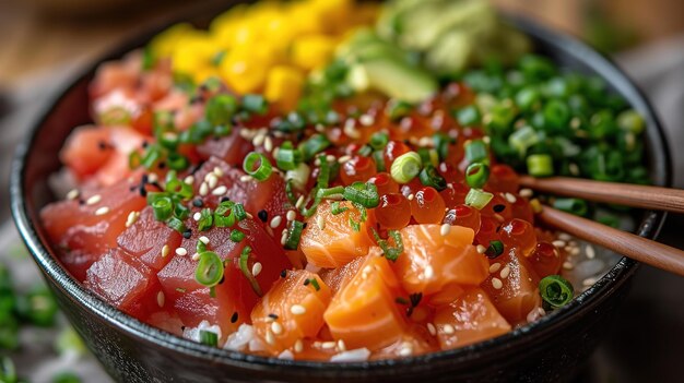 Closeup hawaiian salmon fish poke bowl with rice radish cucumber edamame