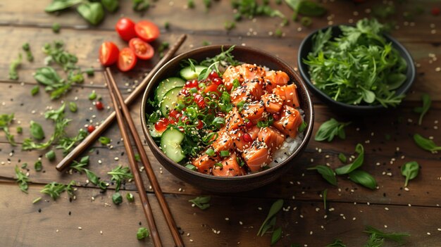 Closeup hawaiian salmon fish poke bowl with rice radish cucumber edamame