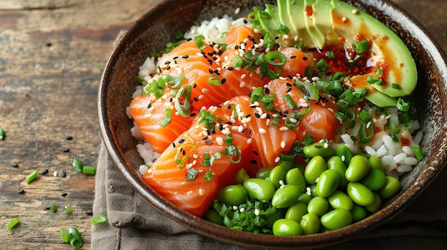 Closeup hawaiian salmon fish poke bowl with rice radish cucumber edamame