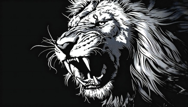 Closeup of the head of an angry lion in black and white style for various design purposes