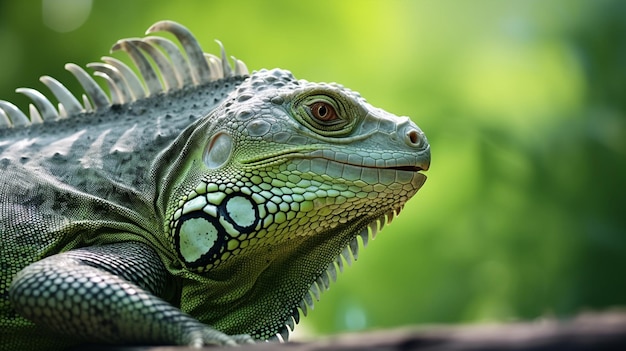 Closeup head of green iguana Green iguana side view on wood animal closeup generative ai