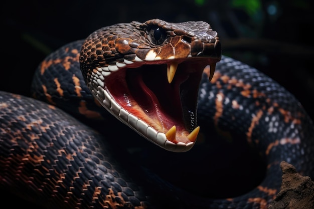 Closeup of the head of a pit viper with open mouth a large snake with its mouth open and its tongue out AI Generated