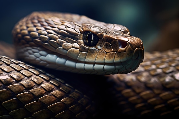 Closeup of the head of a snake on a dark background