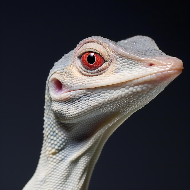 Closeup of the head of a white lizard on a black background