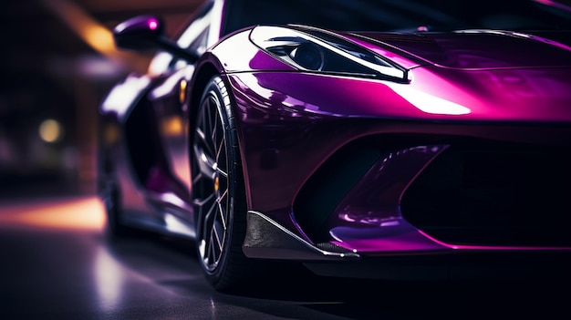 Photo closeup of the headlight and hood of a purple car