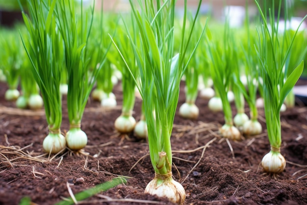 Closeup of healthy and growing garlic plants created with generative ai