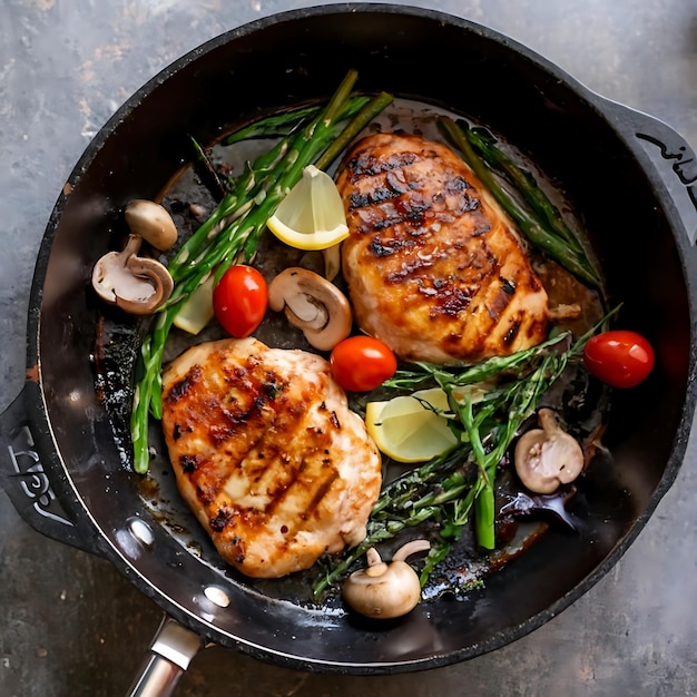 Клоуз-ап здоровой домашней еды, жареной курицы на сковородке с зелеными овощами