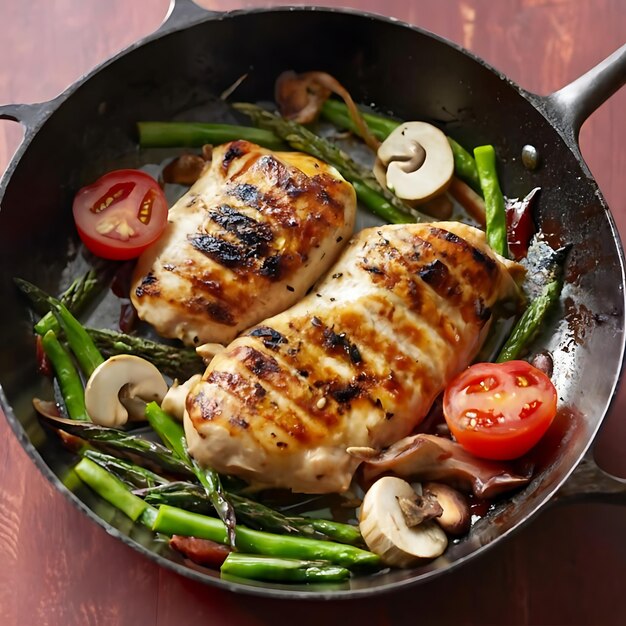 Photo closeup of healthy home cooked food grilled chicken in a skillet with green vegetable