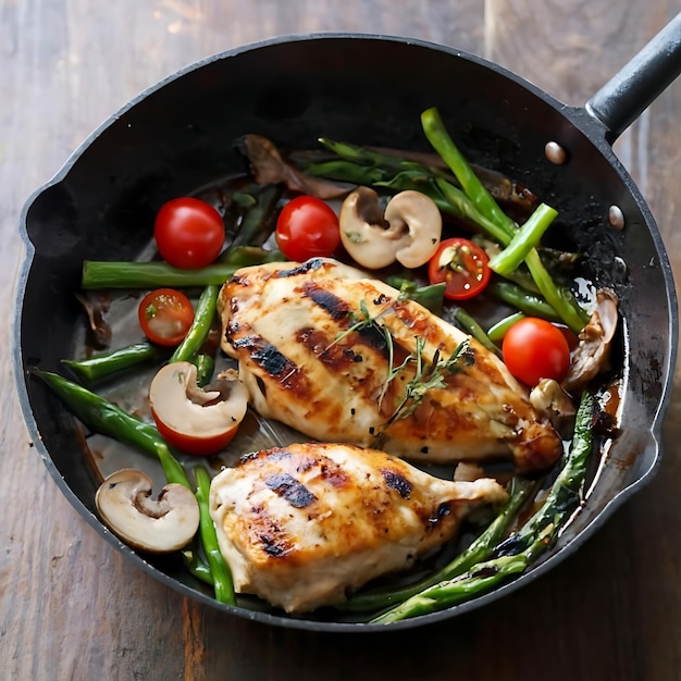 Foto close-up di cibo sano cucinato in casa, pollo alla griglia in una padella con verdure verdi