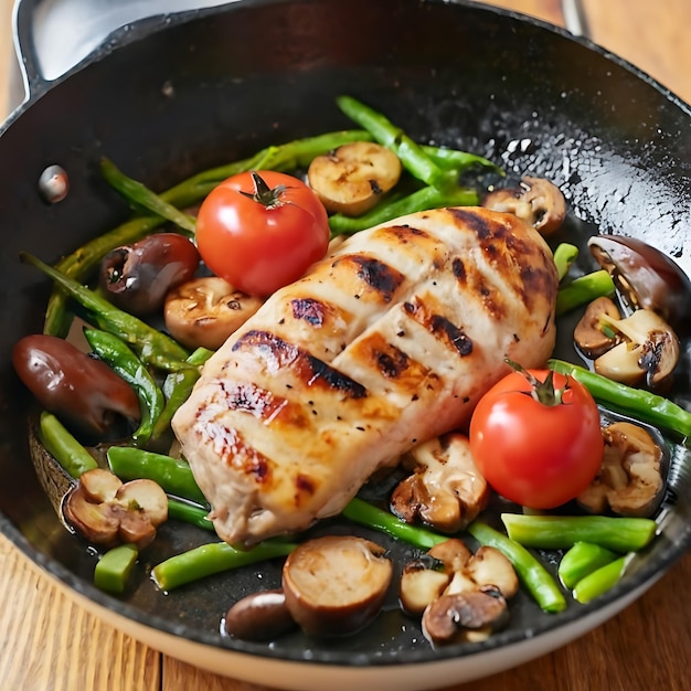 Клоуз-ап здоровой домашней еды, жареной курицы на сковородке с зелеными овощами