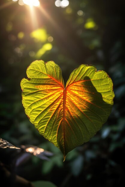 Closeup of a heartshaped leaf with sunlight shining through created with generative ai