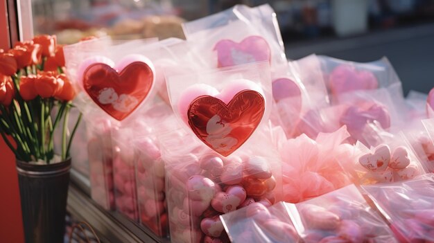 심장 모양의  ⁇ 런타인 데이 39의 클로즈업과 축제의 상점 디스플레이에서 활기찬  ⁇ 은  ⁇ 립