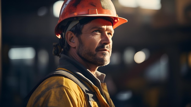 Closeup of a heavy industry worker wearing a helmet