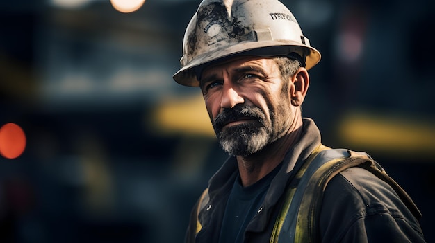 Closeup of a heavy industry worker wearing a helmet