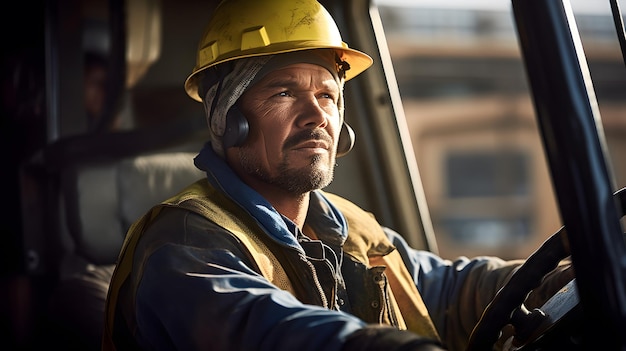 Photo closeup of a heavy industry worker wearing a helmet