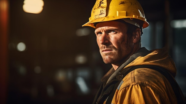 Closeup of a heavy industry worker wearing a helmet