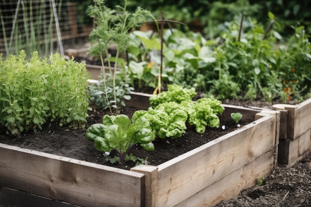 Closeup of herbs and vegetables growing in garden beds