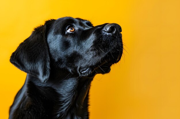 黄色い背景に隔離されたクローズアップの隠れ犬