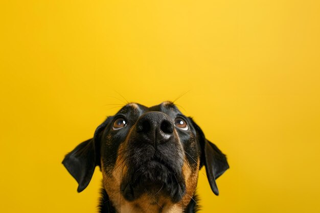 黄色い背景に隔離されたクローズアップの隠れ犬