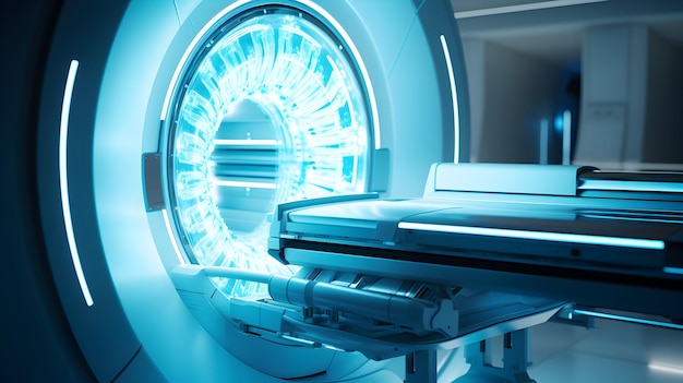 A closeup of a high tech MRI machine