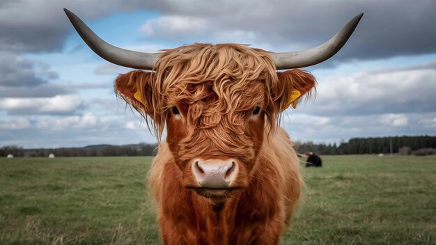 Photo closeup of a highland cattle on a farm field under a cloudy sky in thuringia germany