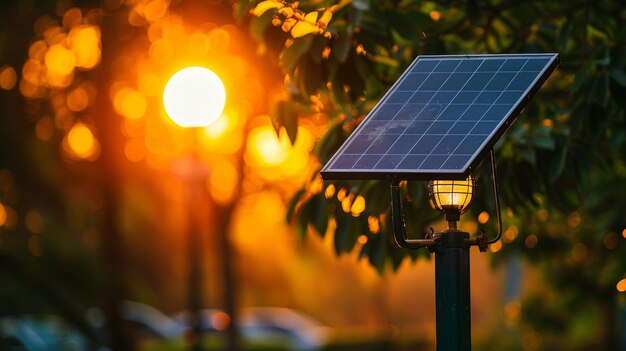 Photo a closeup of a hightech solar panel attached to a lamp post capturing the suns rays to power the