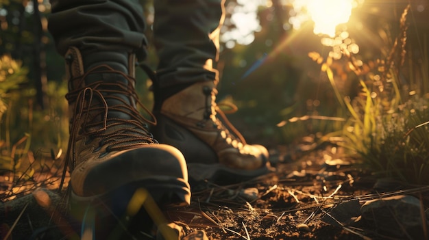 Closeup of hiker39s boots on forest trail at golden hour