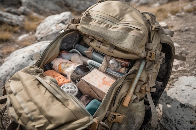 Closeup of hiking backpack with various pockets and compartments visible