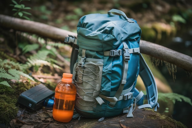 Closeup of hiking backpack with water bottle and other supplies visible