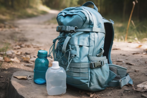 Closeup of hiking backpack with water bottle and other supplies visible