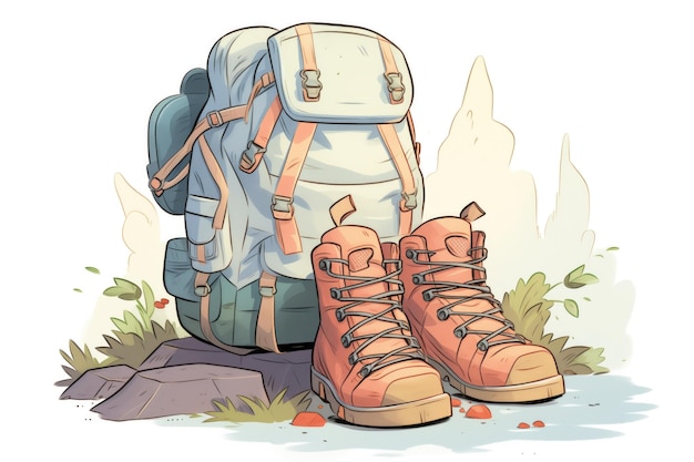 Photo closeup of hiking boots with a backpack in the background